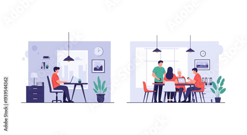 Modern Work Environments: Individual Focus vs. Team Collaboration. Flat vector illustration showcasing remote work, office meetings & productivity.
