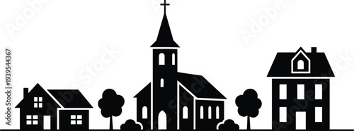 Black and white silhouette illustration of a peaceful village scene with church steeple, traditional houses, trees, and serene community atmosphere in classic style