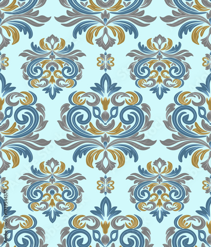 Damask seamless pattern with blue, brown abstract floral, vintage design, vector illustration elegant for textile, wall paper, bedding, curtains, rug, upholstery fabric, fashion, scarf, Baroque style
