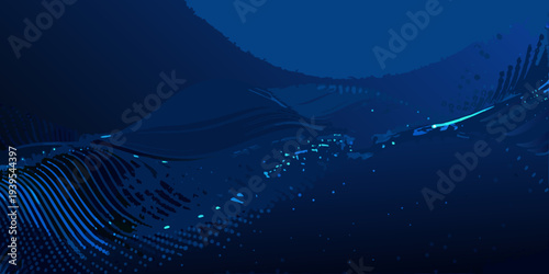 Abstract underwater scene featuring stylized waves and bioluminescent life