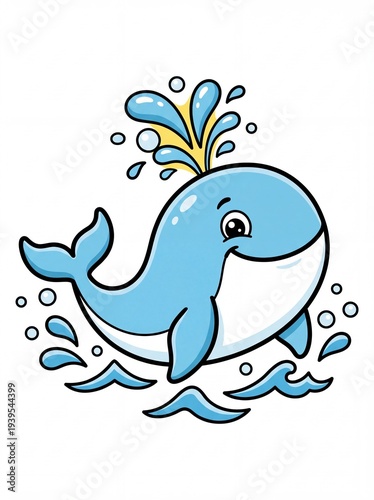 Cartoon blue whale spouting water, swimming in the ocean with a happy expression.
