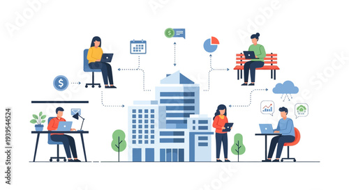 Connected Remote Teams Working Globally with Central Business Hub. Modern Distributed Workflow Illustration.
