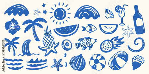 A collection of blue and white summer themed doodles and illustrations