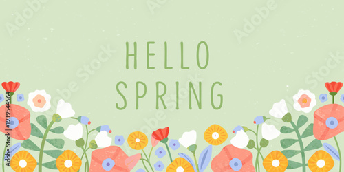 Hello spring a colorful floral arrangement with text overlay