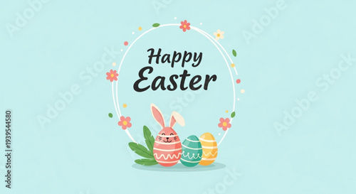 Easter bunny with decorated eggs and flowers on light blue background happy easter greeting card