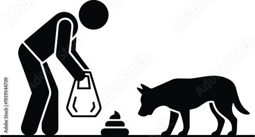Black and white silhouette illustration of responsible pet owner cleaning up dog feces with plastic bag, promoting hygiene, public cleanliness, and responsible dog ownership in urban environments.