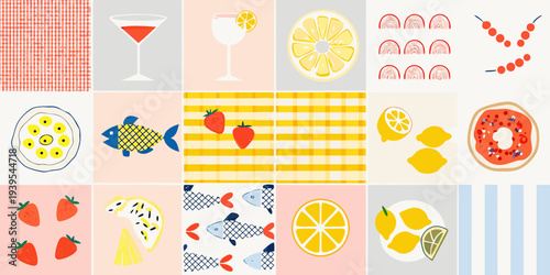 Colorful collage featuring fruit drinks and summer themed illustrations