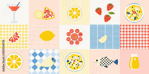 A colorful collage featuring summer fruits drinks and seafood illustrations