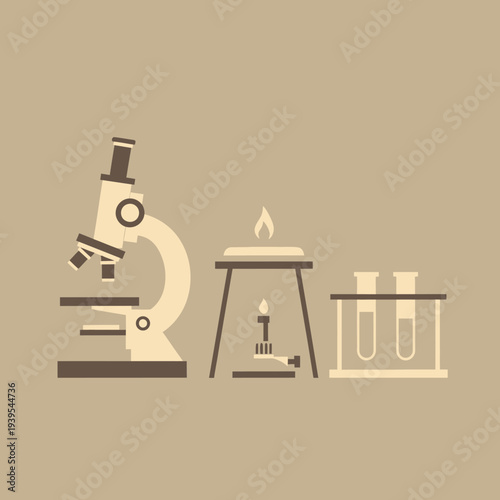 Laboratory equipment: microscope, Bunsen burner, and test tubes on a beige background