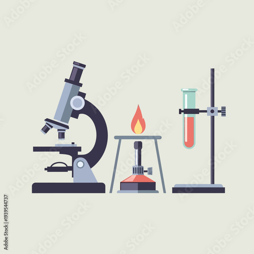 Laboratory equipment: microscope, Bunsen burner with flame, and test tube on stand