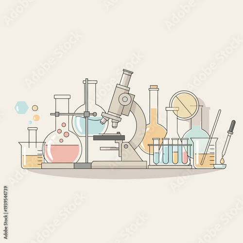 Laboratory equipment and scientific research tools on a shelf, science and education concept