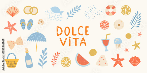 A colorful summer illustration featuring beach elements and the phrase dolce vita