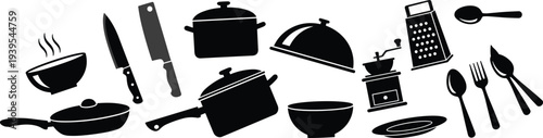 Black silhouette collection of essential kitchen utensils and cookware including pots, pans, knives, cutlery, grater, cloche, coffee grinder, plate, and steaming bowl illustration