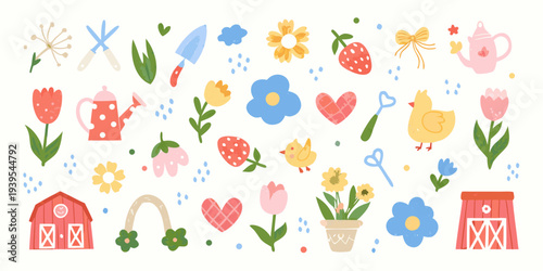 A colorful collection of spring and gardening themed illustrations