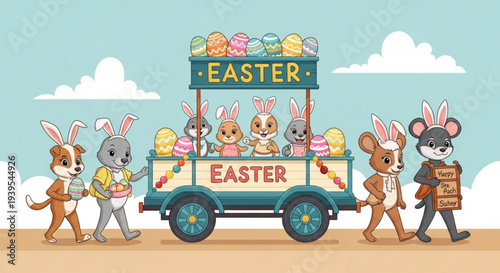 Colorful easter animals parade with decorated wagon and eggs on a sunny day with fluffy clouds