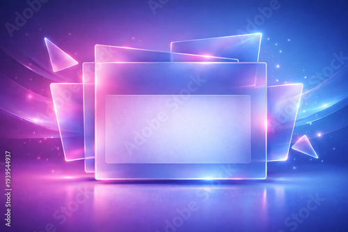 Vibrant neon light installation with glowing rectangles and triangles in modern space