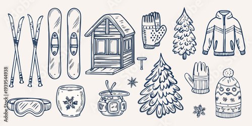 Winter themed doodles featuring skis a cabin and cozy accessories