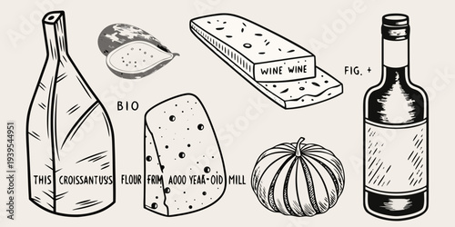 Hand drawn illustration of wine figs cheese and bakery items