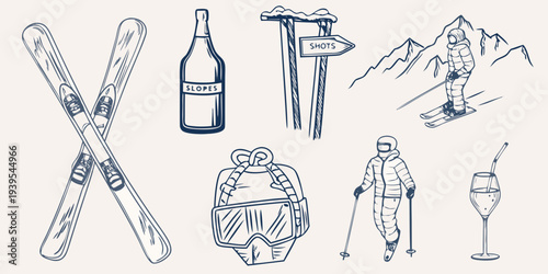 Winter sports and apr s ski elements presented as hand drawn style sketches