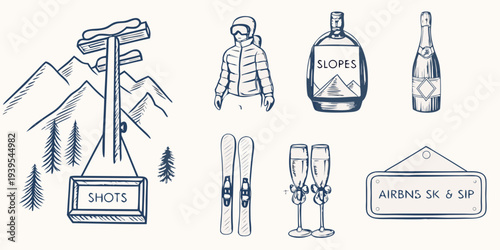 Sketch illustrations of winter sports celebrations and alpine elements