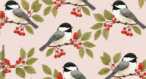Vector seamless pattern of chickadee birds on branch with red berries