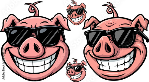 Set of 4 cartoon pig faces wearing sunglasses vector