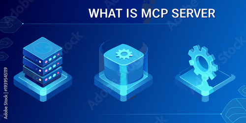 Isometric illustration depicting server stacks and the text what is mcp server