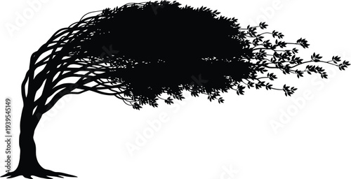 Black silhouette of a tree with sparse branches and leaves blowing in the wind