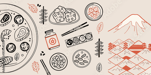 A flat lay illustration of various japanese foods and cultural elements