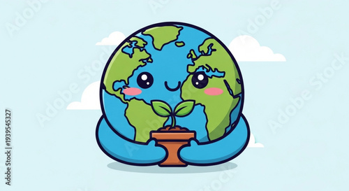 Smiling earth character holding a potted plant with green leaves on a light blue background with clouds symbolizing environmental care and sustainability