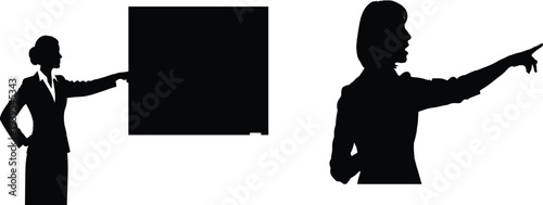 Silhouettes of two people pointing to a blank board