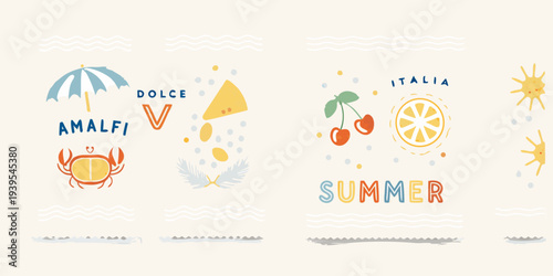 Colorful summer illustration featuring amalfi coast themed icons and lettering