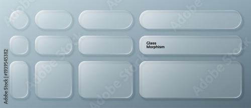 Liquid glass morphism vector buttons collection. Semitransparent frosted UI elements for digital interface design. Modern app tab, banner, and navigation shape set for web application.