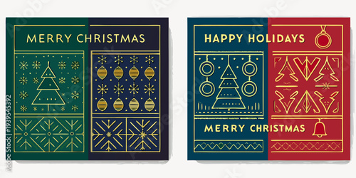 Two festive holiday cards with geometric patterns and seasonal greetings