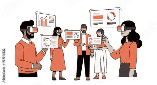 Group of people wearing vr headsets and holding digital charts and graphs in a modern office setting with orange and white colors