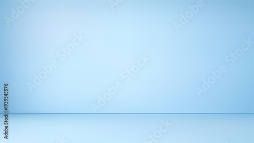 Light blue wall and floor in room. Minimalist empty studio interior background. Clean space for product display or graphic design presentation. Smooth gradient surface texture backdrop.