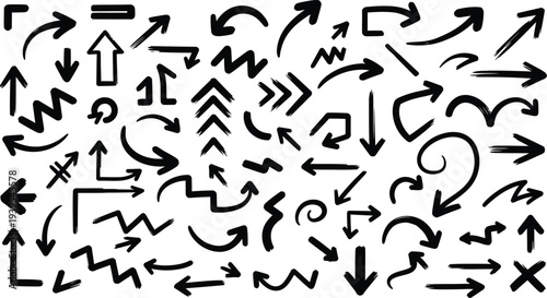 Collection of various black arrows on white background