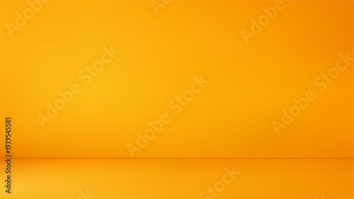 Yellow gradient background with studio floor. Smooth abstract surface texture for product display. Minimalist digital backdrop for graphic design project. Vibrant clean empty room wall.