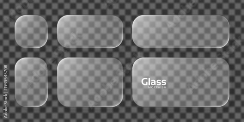 Set of frosted glass morphism panels on transparent background. Semi translucent rounded rectangular shapes for user interface design. Modern digital element for web app mockups.