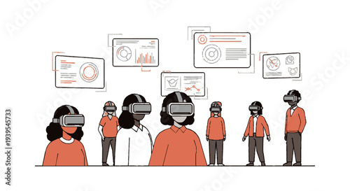 People wearing vr headsets view data screens with graphs and charts floating above them in a virtual reality setting