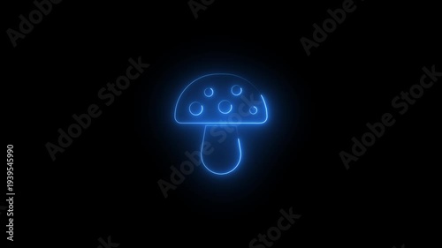 Glowing Blue Mushroom Neon Sign Isolated on Black Background