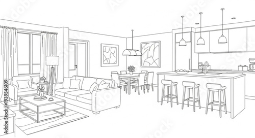 Modern Classroom Interior with Desks and Chairs.