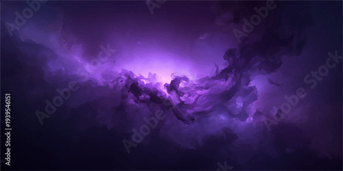 Abstract blue background featuring people dancing amidst a bright purple energy glow and cosmic star patterns.
