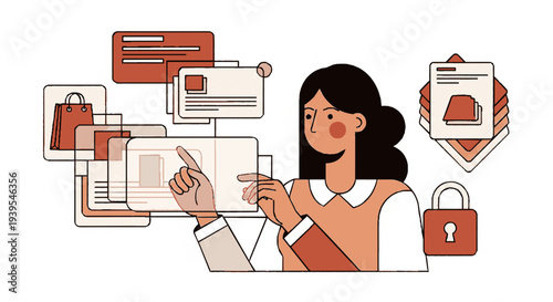 Woman securely shopping online with credit cards and padlock icons floating around her