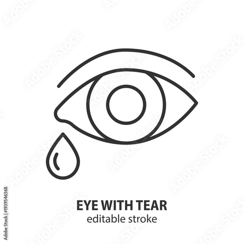 Eye with tear line icon. Simple minimalist vector graphic of an eye shedding a teardrop. Symbol for sadness, grief, emotion, crying or eye health condition. Editable stroke.