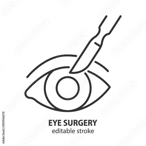 Eye surgery line icon with scalpel and eyeball. Medical procedure linear graphic. Ophthalmology clinic service and vision correction concept. Vector illustration. Editable stroke.