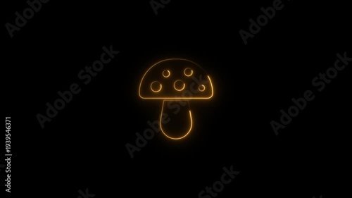 Glowing Yellow Mushroom Neon Signage Fungal Symbol Isolated on Black Background