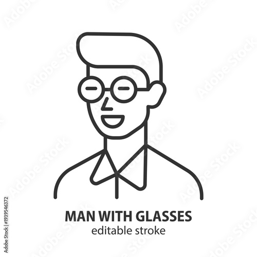 Man with glasses line icon. Simple avatar icon for social media profile or user interface. Student or teacher character symbol. Editable stroke. Vector illustration.