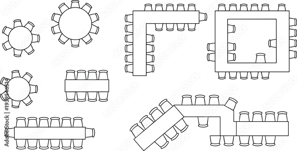 Fototapeta premium Multiple table and chair arrangements, minimalist flat vector interior design illustration