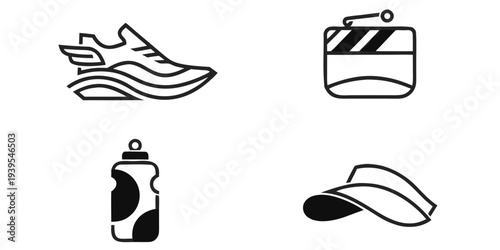Fitness and Sport Icon Set - Running Shoe Gym Bag Water Bottle and Cap Outline Vector